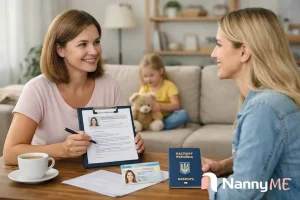 мама обирає няню для дитини вдома та перевіряє кандидата