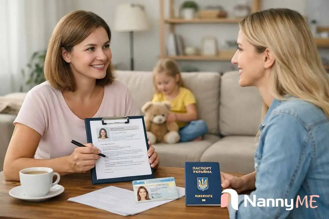 мама обирає няню для дитини вдома та перевіряє кандидата